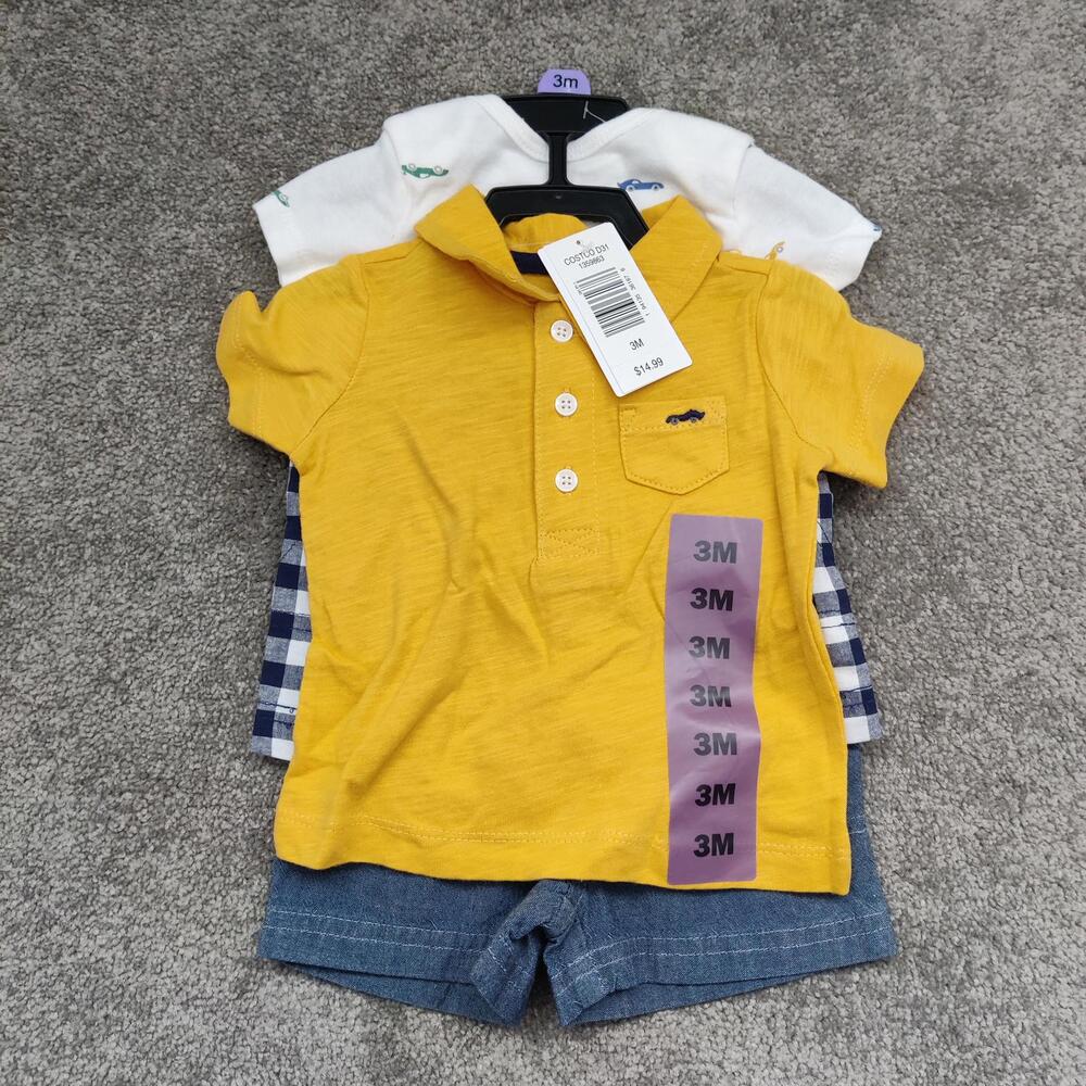Carter's NWT Baby Boy 3M Outfit Set Polo + Car Bodysuit + Denim Shorts